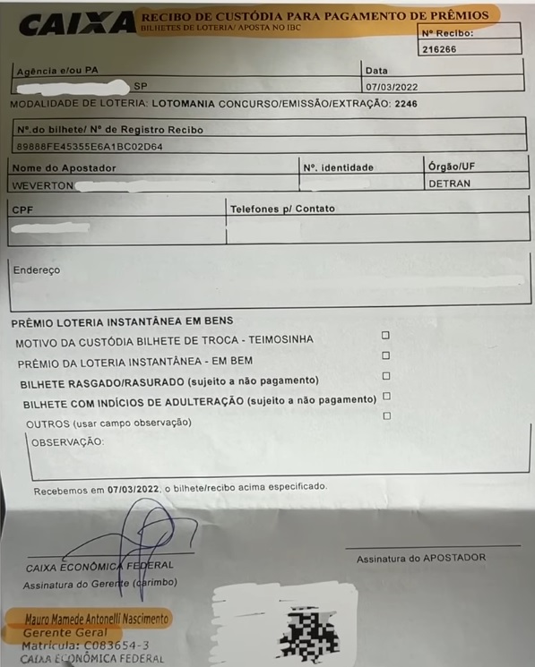 Premio grande RECIBO CUSTÓDIA