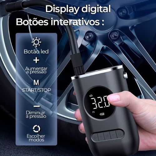 A bomba de ar portátil vem equipada com uma luz LED brilhante